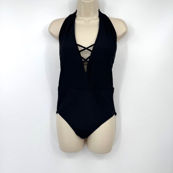 J Crew Factory 1 one Piece V Neck Halter Swimsuit Size medium Lined bathing suit - Picture 1 of 9